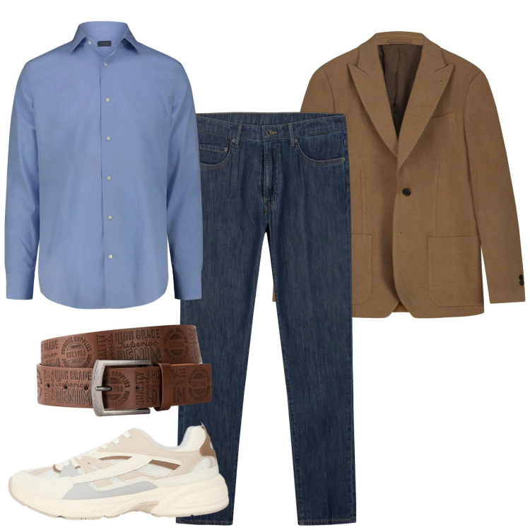 Outfit uomo - In jeans e giacca. Stile Casual per Tutti i giorni. Abbinamento con cinture, jeans, camicie, giacche, sneakers.