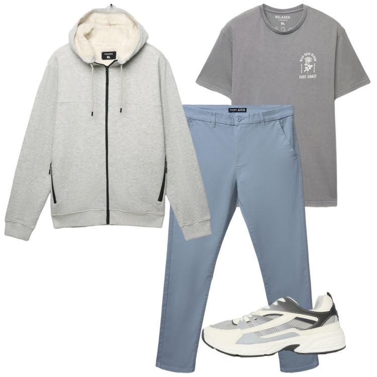 Outfit uomo - Casual city. Stile Casual per Tutti i giorni. Abbinamento con felpe con cappuccio, sneakers, t-shirt, pantaloni chino.