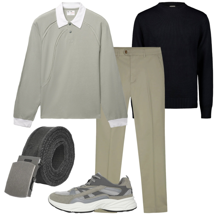 Outfit uomo - Deciso e sintetico. Stile Casual per Tutti i giorni. Abbinamento con sneakers, cinture, polo, maglieria, pantaloni.