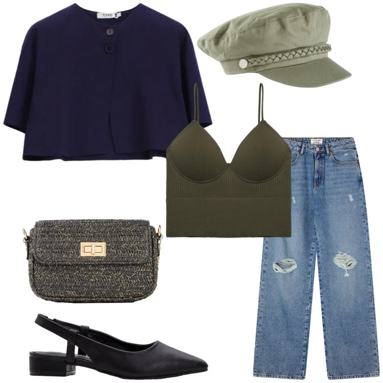 Outfit donna - Total look #2371445. Stile Casual chic per Tutti i giorni. Abbinamento con cappelli, décolleté, borse a tracolla, jeans strappati, top, cappotti.