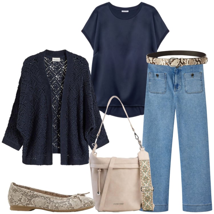 Outfit donna - Elegante in città. Stile Casual chic per Tutti i giorni. Abbinamento con cardigans, ballerine, borse a tracolla, bluse, jeans, cinture.