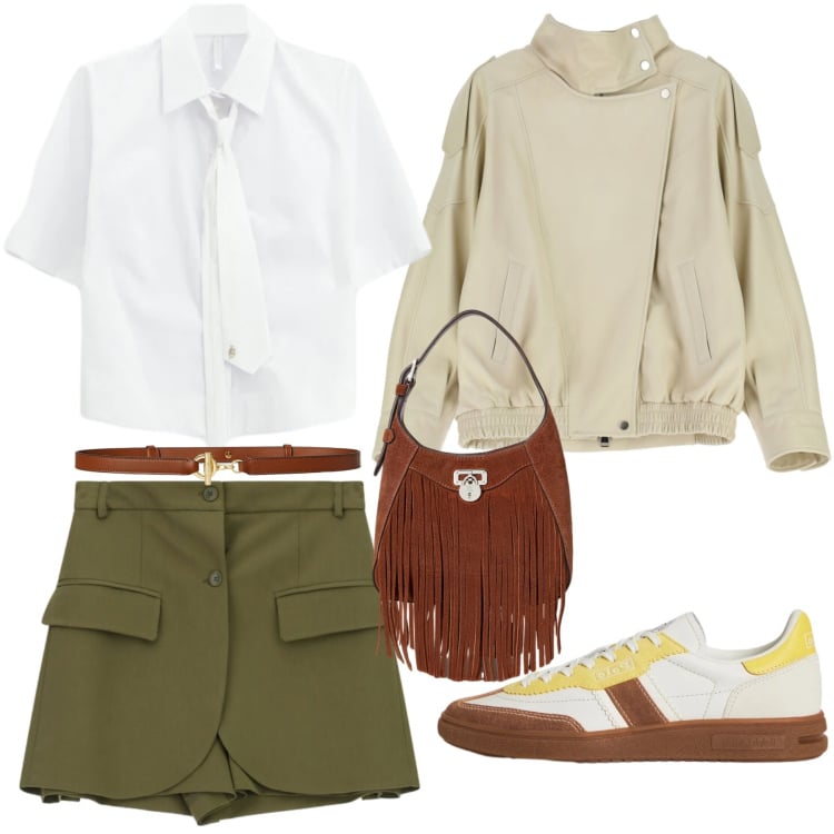Outfit donna - Imperial per la città. Stile Urban per Tutti i giorni. Abbinamento con shorts, giacche, camicie a manica corta, cinture, borse a tracolla, sneakers.