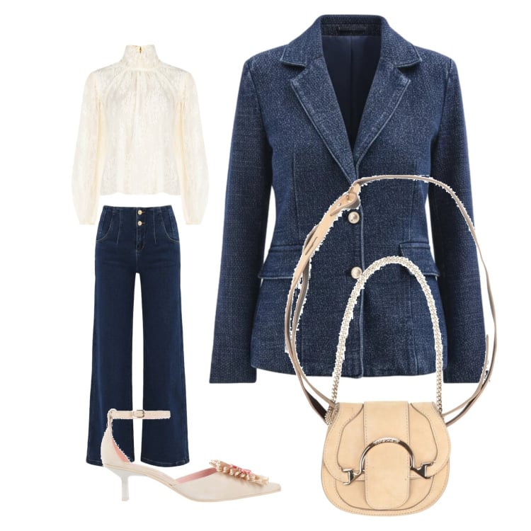 Outfit donna - Cerimonia in denim. Stile Casual chic per Cerimonia. Abbinamento con marsupi, décolleté, bluse, jeans, blazer.