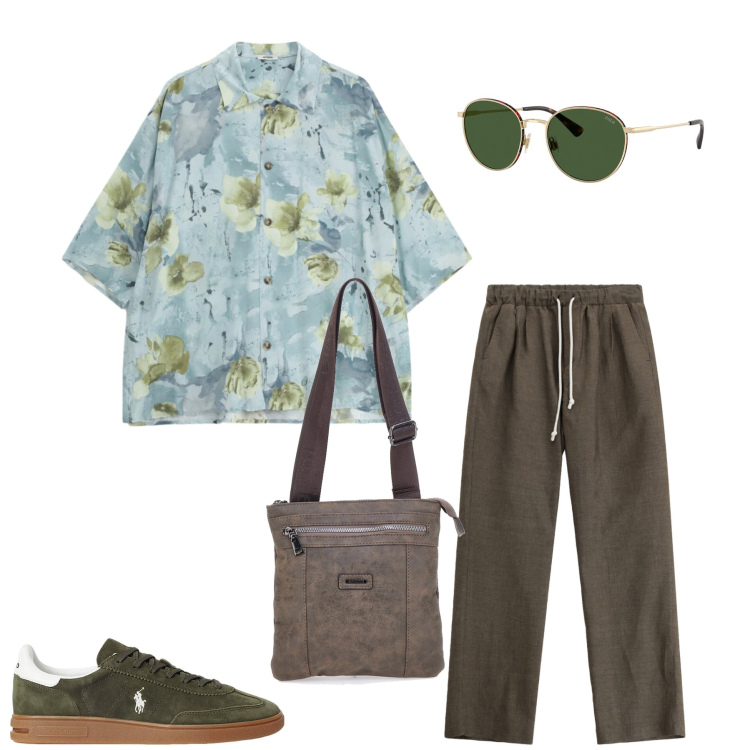 Outfit uomo - Eleganza casual. Stile Trendy per Tutti i giorni. Abbinamento con pantaloni, camicie a manica corta, sneakers, occhiali da sole, portafogli.