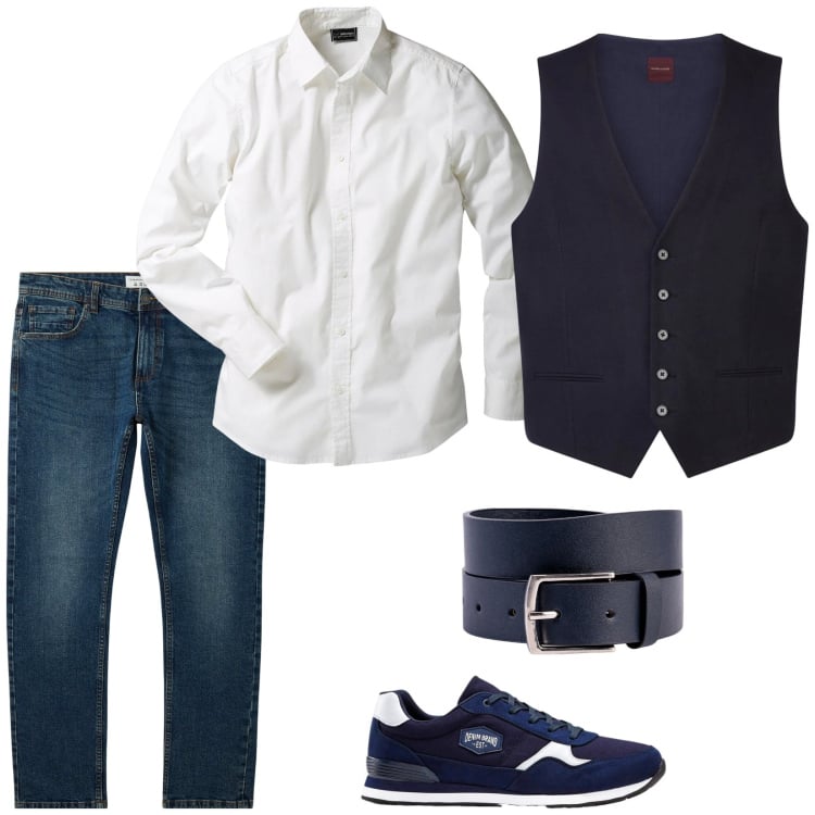 Outfit uomo - Total look #2371454. Stile Trendy per Serata speciale. Abbinamento con camicie, sneakers, jeans, gilet, cinture.