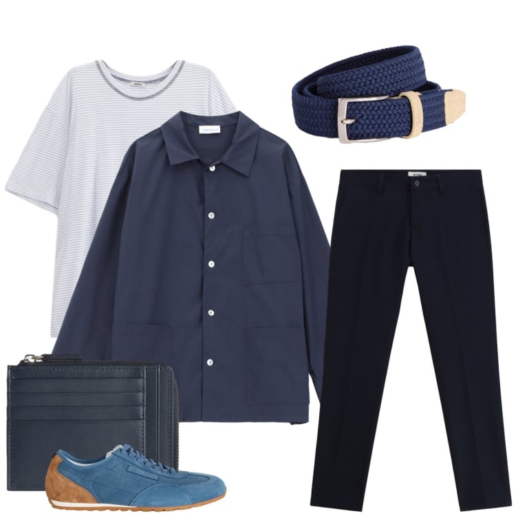 Outfit uomo - Eleganza Urbana in Blu. Stile Urban per Tutti i giorni. Abbinamento con sneakers, cinture, portamonete, pantaloni, t-shirt, camicie.
