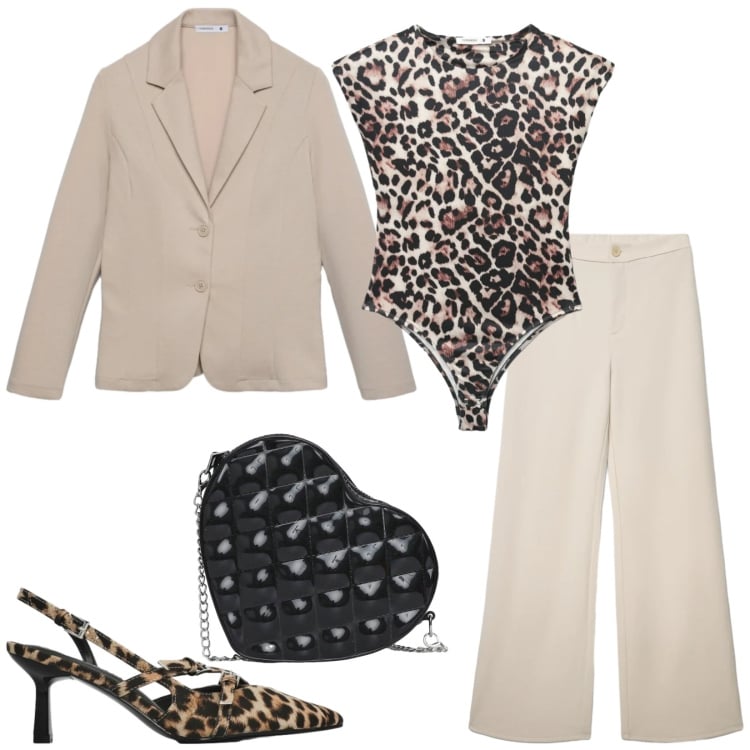 Outfit donna - Terranova glam. Stile Chic per Serata fuori. Abbinamento con décolleté, top, blazer, pantaloni, borse a tracolla.