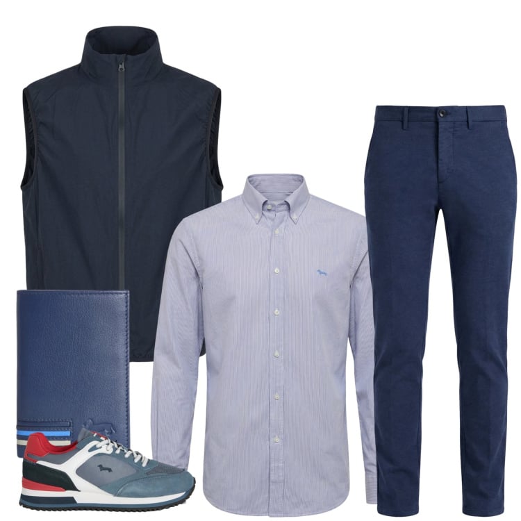 Outfit uomo - Stile Dynamic Business. Stile Urban per Tutti i giorni. Abbinamento con sneakers, portafogli, pantaloni chino, camicie, gilet.