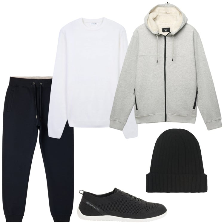 Outfit uomo - Fredda primavera. Stile Casual per Sport. Abbinamento con sneakers, maglieria, pantaloni, felpe con cappuccio, berretti.