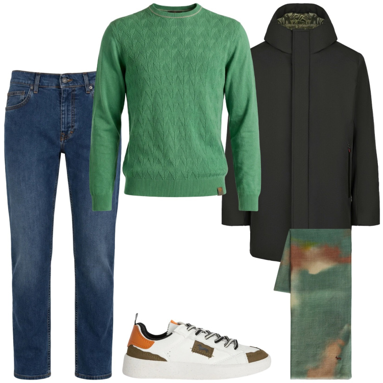 Outfit uomo - Total look #2371466. Stile Casual per Tutti i giorni. Abbinamento con jeans, sneakers, maglieria, sciarpe, parka.