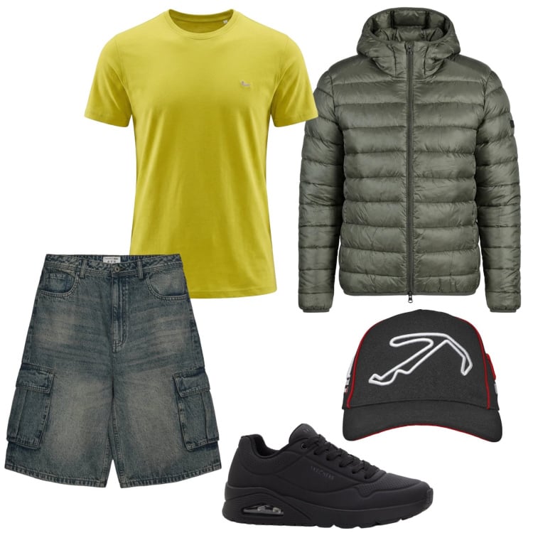 Outfit uomo - Crazy urban. Stile Urban per Tutti i giorni. Abbinamento con sneakers, t-shirt, giacche, cappelli con visiera, pantaloni corti.