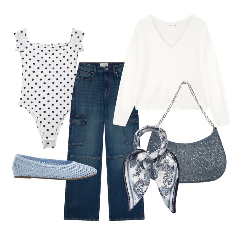 Outfit donna - Marzo. Stile Bon Ton per Tutti i giorni. Abbinamento con ballerine, jeans, maglieria, foulard, top, borse a tracolla.