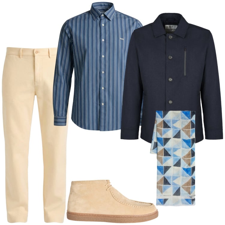 Outfit uomo - I pantaloni color crema. Stile Trendy per Tutti i giorni. Abbinamento con sciarpe, stivali e stivaletti, pantaloni chino, camicie, piumini.