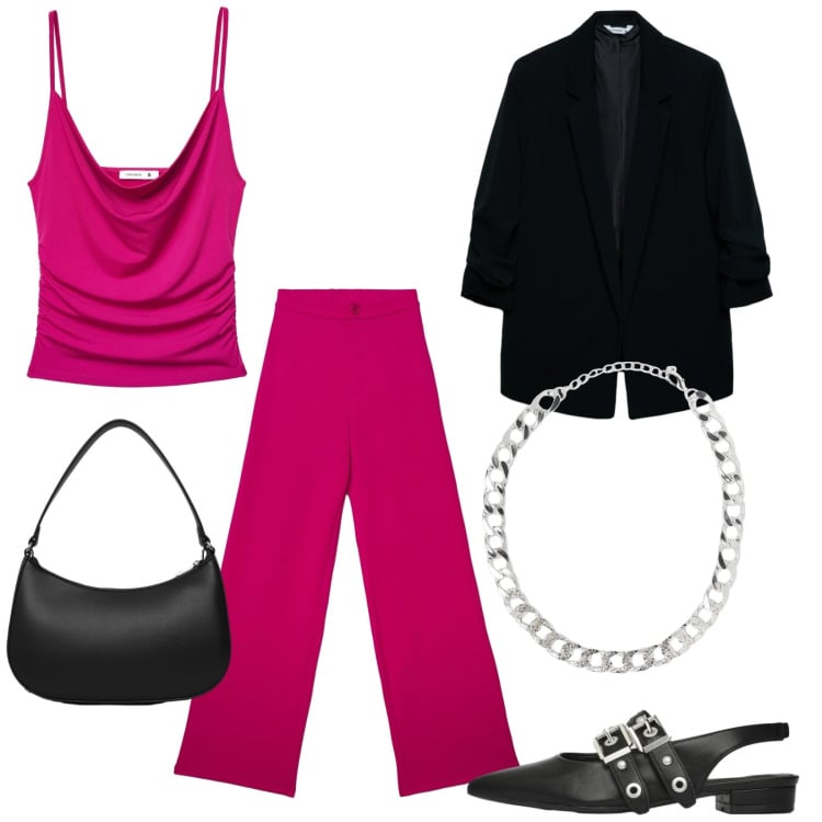 Outfit donna - Terranova glam. Stile Chic per Serata fuori. Abbinamento con collane, ballerine, blazer, pantaloni, canottiere, borse a tracolla.