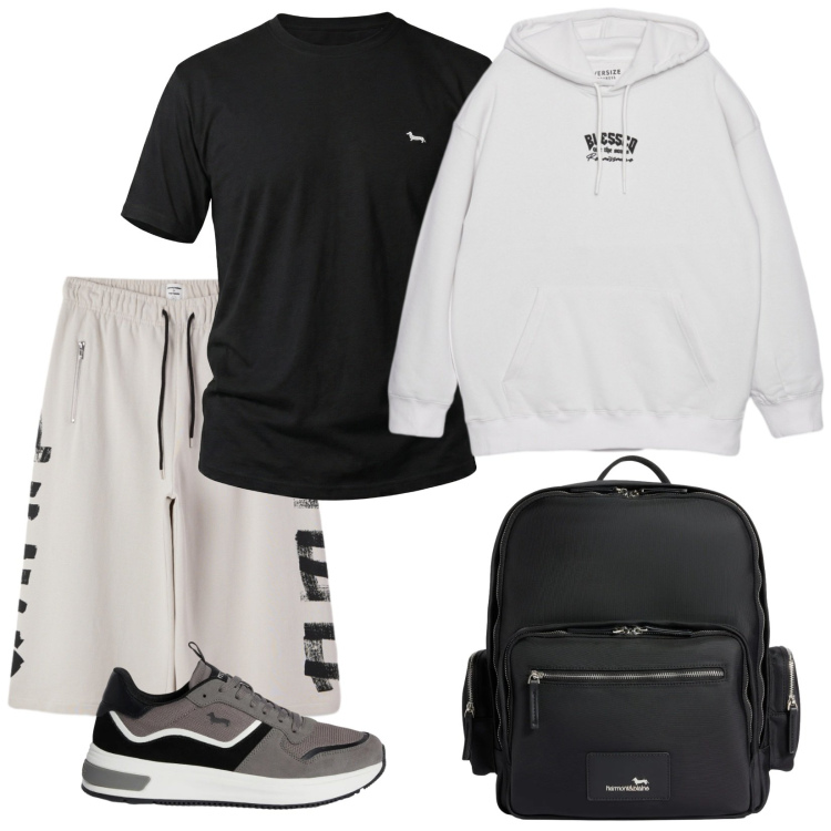 Outfit uomo - Oversize. Stile Casual per Sport. Abbinamento con felpe con cappuccio, bermuda, t-shirt, sneakers, borse sportive.