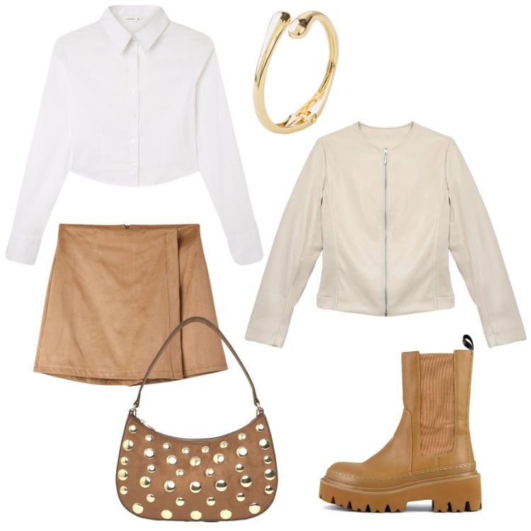 Outfit donna - Aperitivo pri tra le strade della città. Stile Glamour per Tutti i giorni. Abbinamento con braccialetti, minigonne, giacche, camicie, borse a tracolla, stivaletti chelsea.