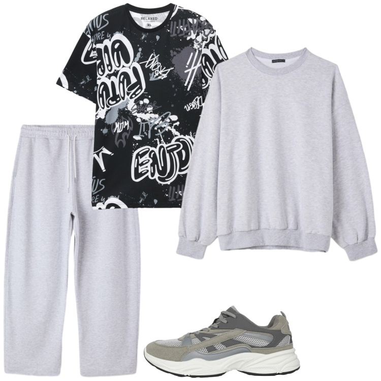 Outfit uomo - Sport a scuola. Stile Casual per Sport. Abbinamento con sneakers, felpe, pantaloni, t-shirt.