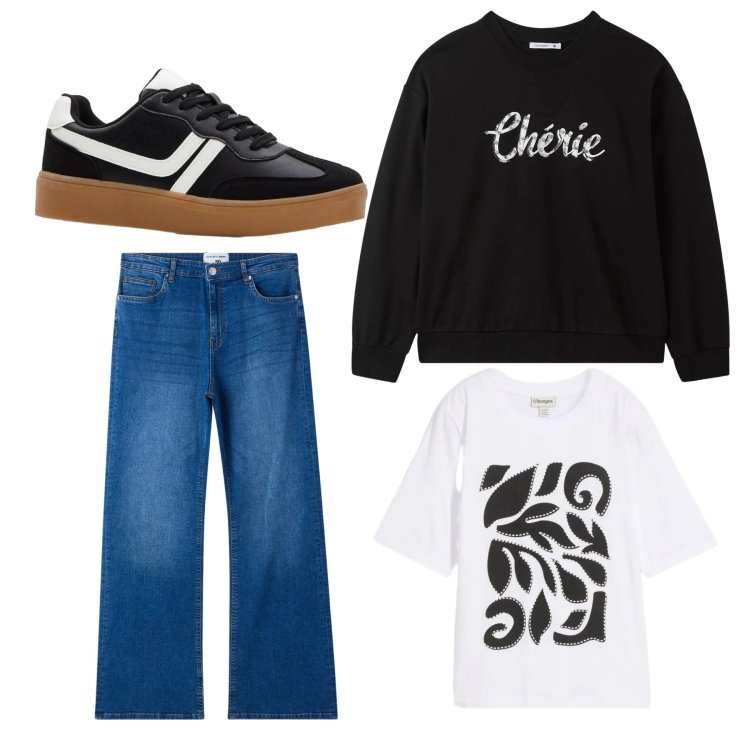 Outfit donna - Chérie. Stile Casual per Tutti i giorni. Abbinamento con sneakers, t-shirt, felpe, jeans a zampa.