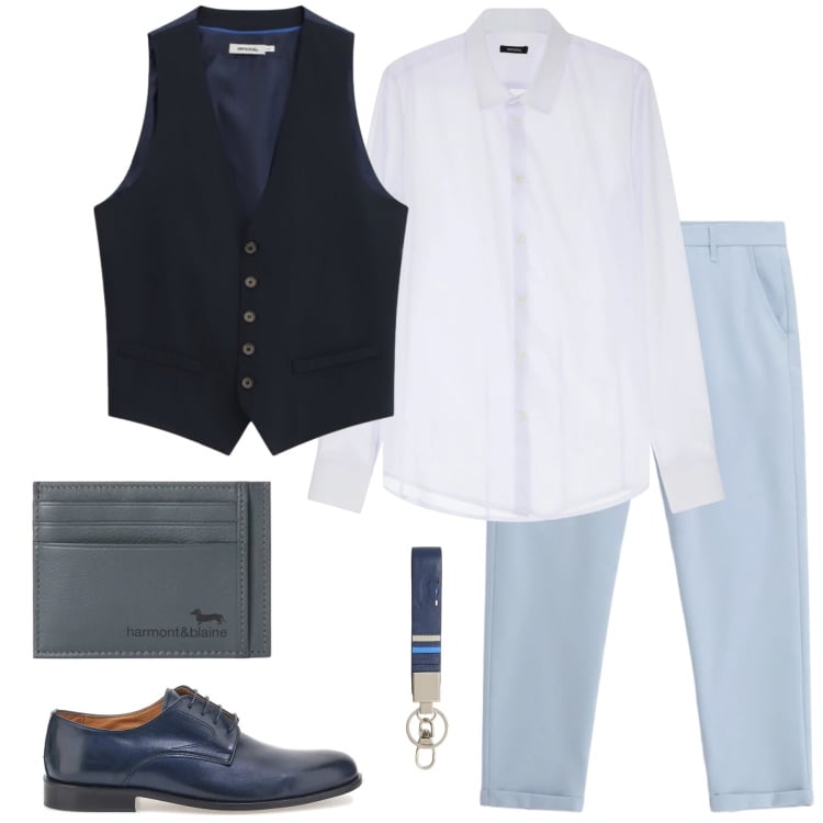 Outfit uomo - Contemporary Class: Gilet Protagonista. Stile Business/Elegante per Ufficio. Abbinamento con portachiavi, portafogli, camicie, pantaloni, gilet, scarpe stringate.