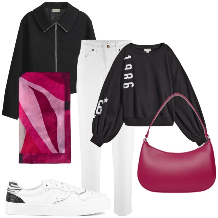 Outfit donna - 1986. Stile Sporty chic per Ufficio. Abbinamento con felpe, jeans mom, cappotti, foulard, borse a tracolla, sneakers.