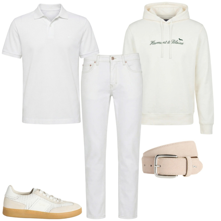 Outfit uomo - Total white. Stile Casual per Tutti i giorni. Abbinamento con jeans, sneakers, felpe con cappuccio, cinture, polo.