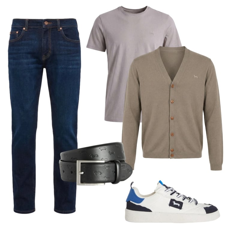 Outfit uomo - Un cardigan chiaro. Stile Casual per Tutti i giorni. Abbinamento con sneakers, cinture, jeans, cardigans, t-shirt.