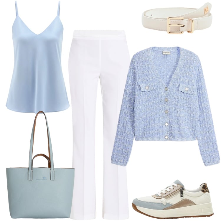 Outfit donna - Celeste e bianco in primavera. Stile Casual per Tutti i giorni. Abbinamento con cardigans, sneakers, shopping bag, pantaloni, cinture, canottiere.