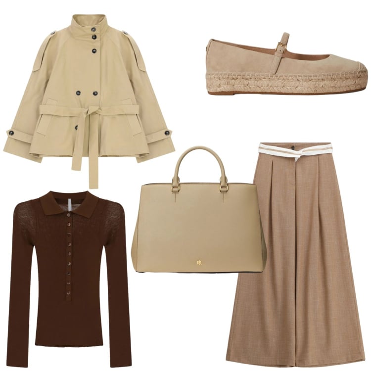 Outfit donna - Coloniale in città. Stile Urban per Tutti i giorni. Abbinamento con trench, pantaloni a palazzo, maglieria, espadrillas, borse a mano.