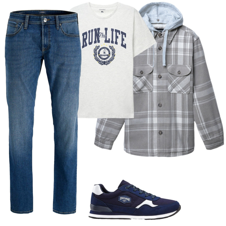Outfit uomo - Giubbotto e t-shirt. Stile Casual per Tutti i giorni. Abbinamento con sneakers, jeans, cappotti, t-shirt.