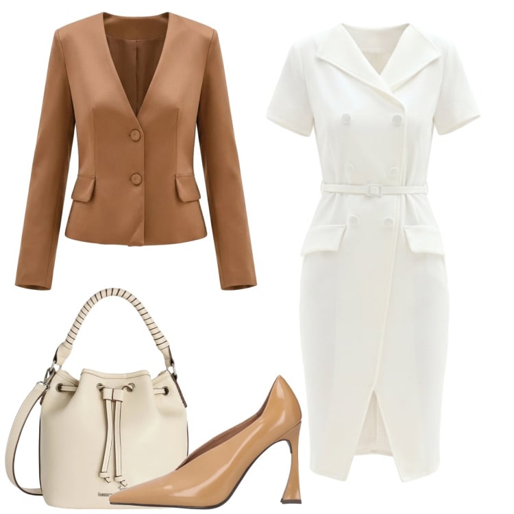 Outfit donna - Casual al lavoro. Stile Casual chic per Ufficio. Abbinamento con décolleté, borse a secchiello, blazer, vestiti midi/longuette.
