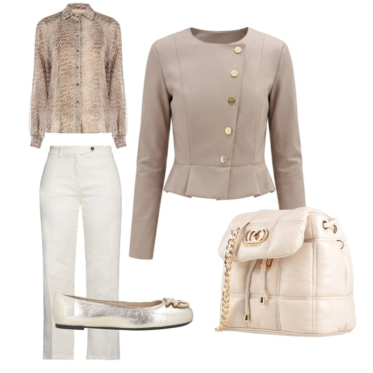 Outfit donna - Riunione di lavoro. Stile Casual chic per Ufficio. Abbinamento con ballerine, valigie, jeans dritti, giacche, camicie.