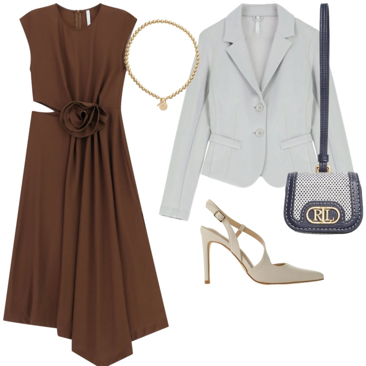 Outfit donna - Imperial: eleganza contemporanea. Stile Romantica per Tutti i giorni. Abbinamento con vestiti midi/longuette, blazer, décolleté, collane, pochette.