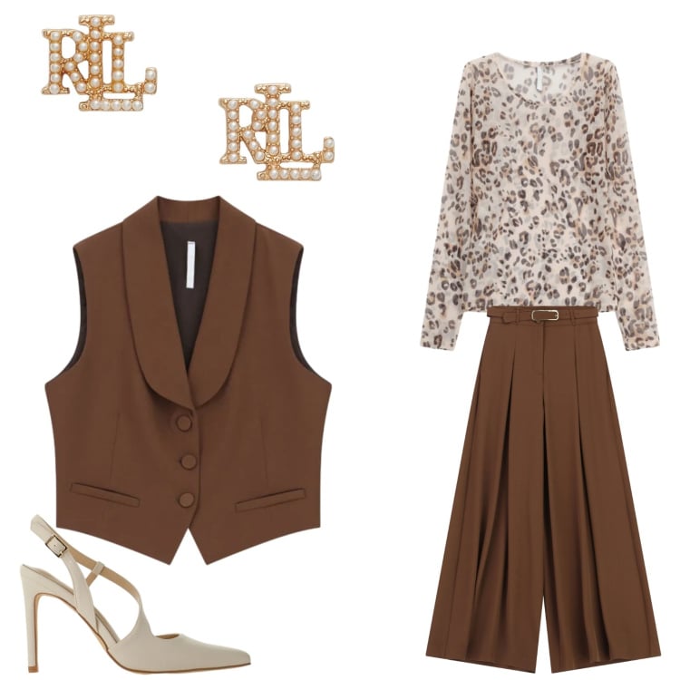 Outfit donna - Imperial. Stile Bon Ton per Serata fuori. Abbinamento con pantaloni a palazzo, gilet, décolleté, t-shirt, orecchini.