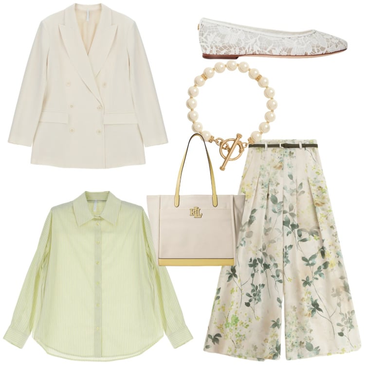 Outfit donna - Tailleur power. Stile Chic per Tutti i giorni. Abbinamento con pantaloni a palazzo, camicie, blazer, ballerine, collane, borse tote.