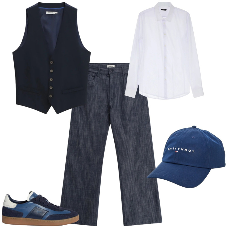 Outfit uomo - Trendy ufficio tempo libero. Stile Trendy per Tutti i giorni. Abbinamento con camicie, jeans, gilet, sneakers, cappelli con visiera.