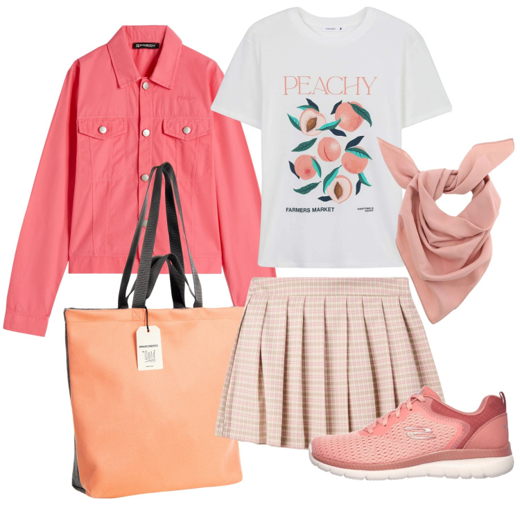 Outfit donna - Peachy glow - armocromia primavera calda. Stile Casual chic per Tutti i giorni. Abbinamento con t-shirt, minigonne, borse tote, foulard, blazer, sneakers.