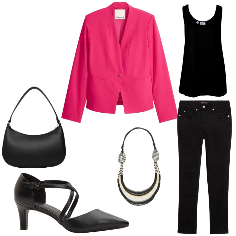 Outfit donna - Casual chic. Stile Casual chic per Tutti i giorni. Abbinamento con jeans dritti, top, décolleté, blazer, collane, borse a tracolla.