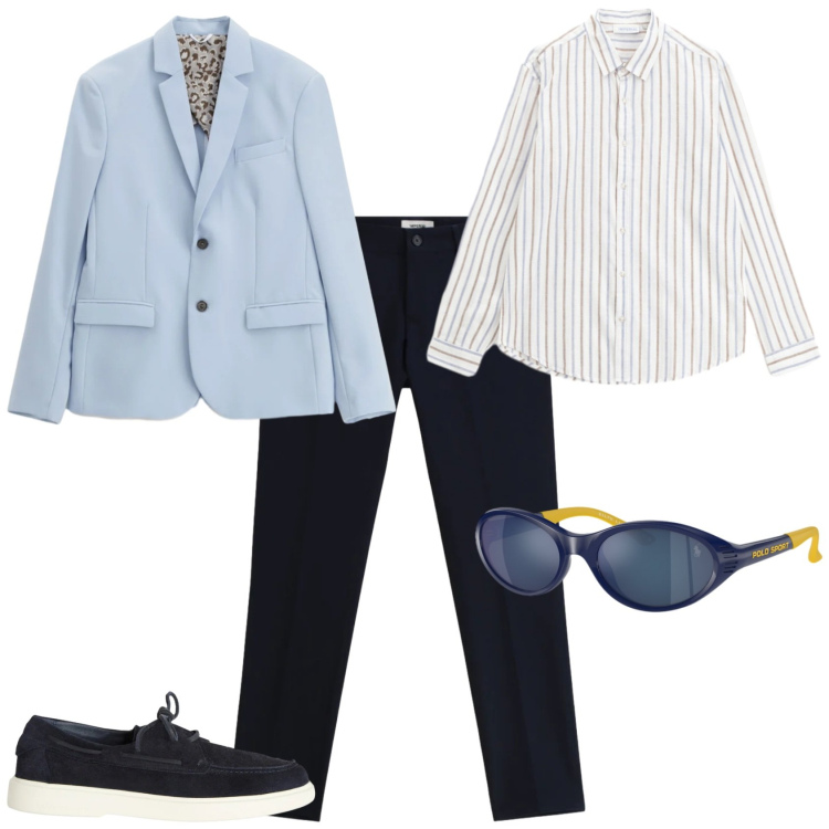 Outfit uomo - Trendy ufficio tempo libero. Stile Trendy per Tutti i giorni. Abbinamento con scarpe stringate, giacche, pantaloni, camicie, occhiali da sole.