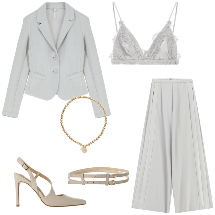 Outfit donna - Grey vibes. Stile Glamour per Tutti i giorni. Abbinamento con blazer, pantaloni a palazzo, décolleté, cinture, reggiseni, collane.