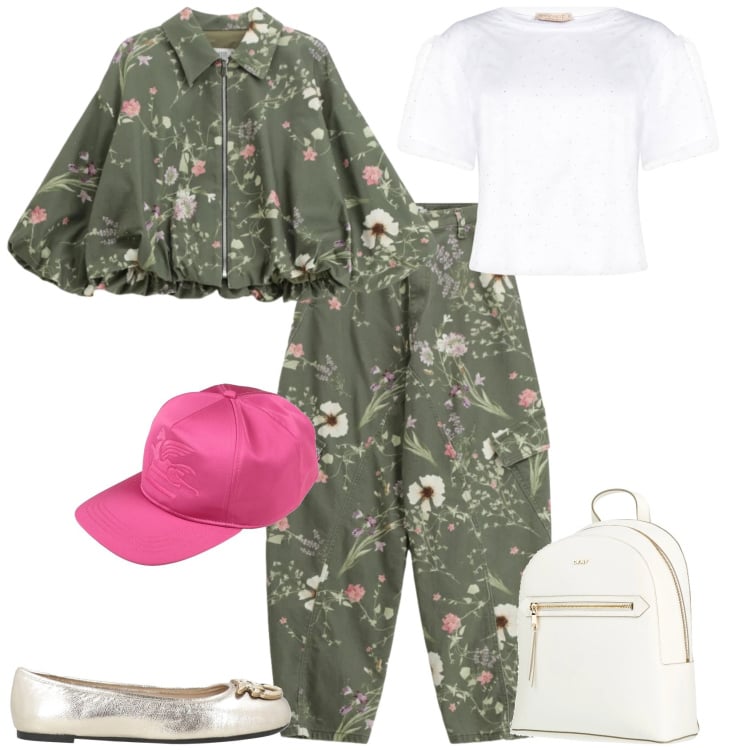 Outfit donna - Casual chic tempo libero. Stile Casual chic per Tutti i giorni. Abbinamento con ballerine, cappelli con visiera, zaini, pantaloni cargo, bomber, t-shirt.