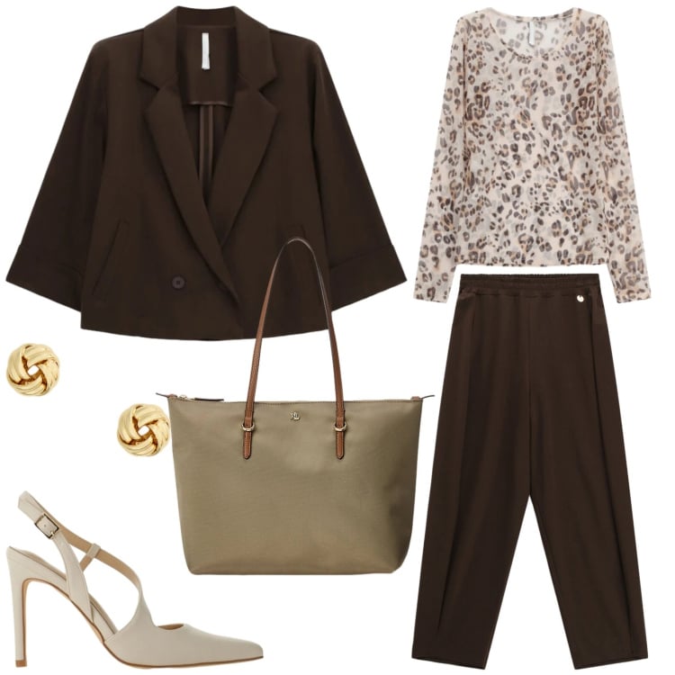 Outfit donna - Una giornata in tailleur. Stile Glamour per Tutti i giorni. Abbinamento con décolleté, blazer, t-shirt, pantaloni, borse tote, orecchini.