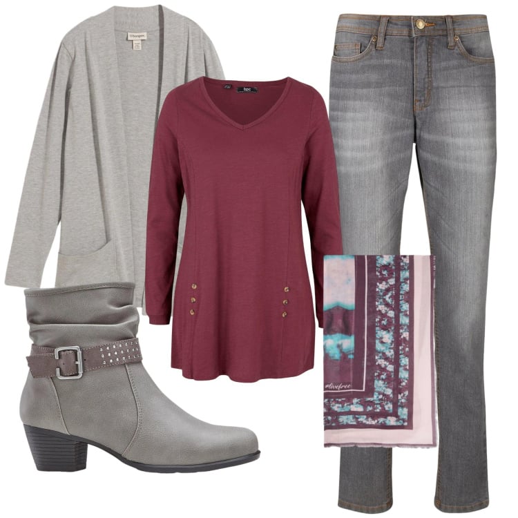 Outfit donna - Total look #2371526. Stile Basic per Ufficio. Abbinamento con maglieria, stivaletti, jeans mom, cardigans, foulard.