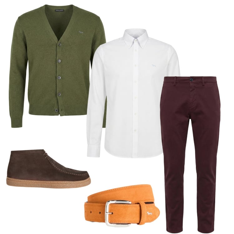 Outfit uomo - Il cardigan verde oliva. Stile Casual per Tutti i giorni. Abbinamento con stivali e stivaletti, cinture, pantaloni chino, cardigans, camicie.