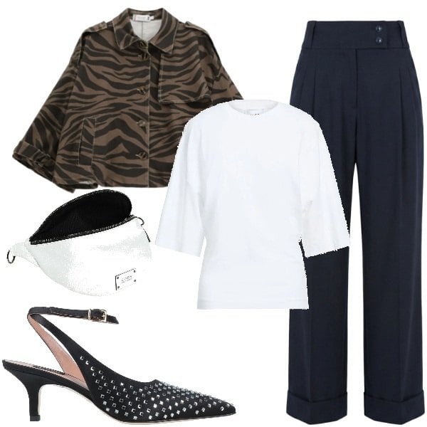 Outfit donna - Total look #2371530. Stile Chic per Serata fuori. Abbinamento con marsupi, décolleté, t-shirt, pantaloni, blazer.