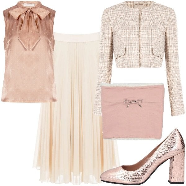 Outfit donna - Cerimonia evento in rosa. Stile Chic per Cerimonia. Abbinamento con décolleté, sciarpe, gonne longuette, blazer, canottiere.