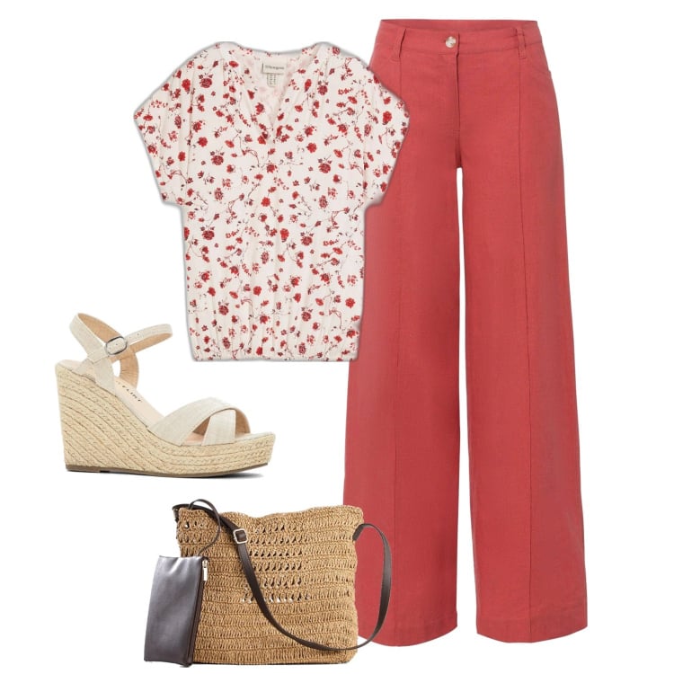 Outfit femme - Fleuri. Style Basique pour Tous les jours. Assortir avec pantalon large en bas, tuniques, chaussures à semelle compensée, sacs en bandoulière.