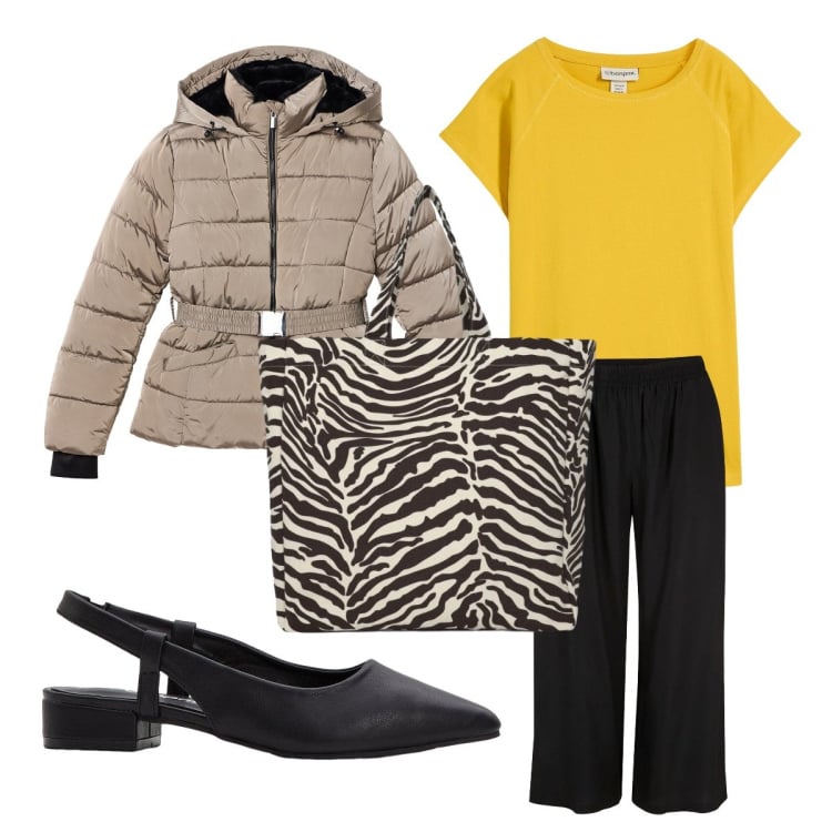 Outfit donna - Fa ancora freddo. Stile Etnico per Tutti i giorni. Abbinamento con décolleté, pantaloni capri, t-shirt, piumini, shopping bag.