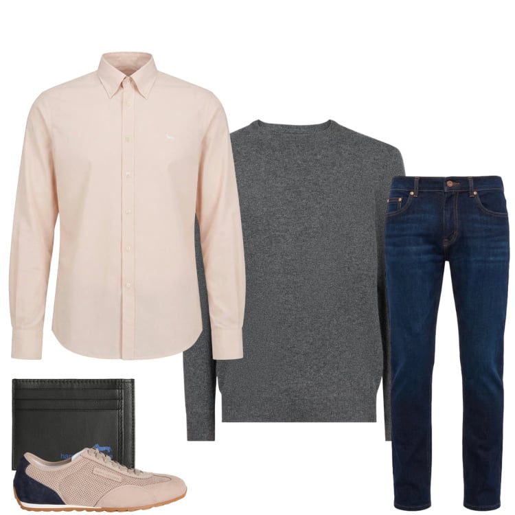 Outfit uomo - Casual Raffinato. Stile Trendy per Tutti i giorni. Abbinamento con sneakers, portafogli, jeans, camicie, maglieria.