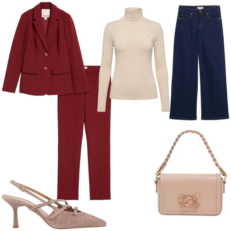 Outfit donna - Mix di stili. Stile Chic per Tutti i giorni. Abbinamento con décolleté, jeans dritti, giacche, maglieria, pochette.