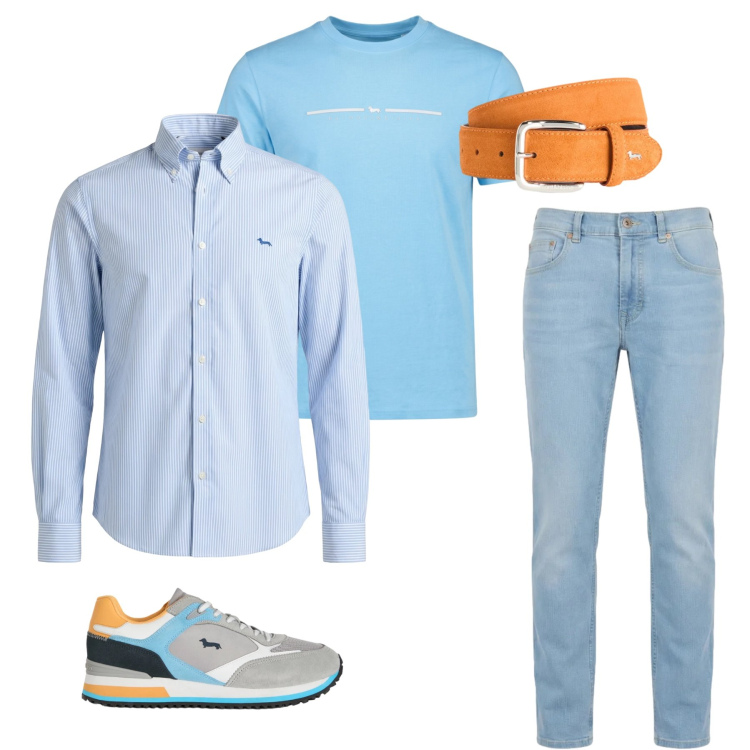 Outfit uomo - Casual Chic in Toni Chiari. Stile Urban per Tutti i giorni. Abbinamento con sneakers, cinture, camicie, jeans, t-shirt sportive.